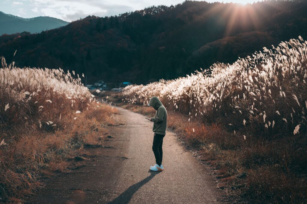 A person in a hoodie walks alone on a scenic pathway during autumn sunset.